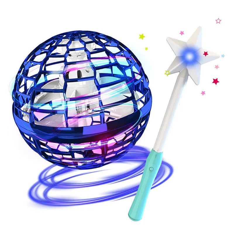 Blue spinning flying ball toy with LED lights hovering above a child's hand.