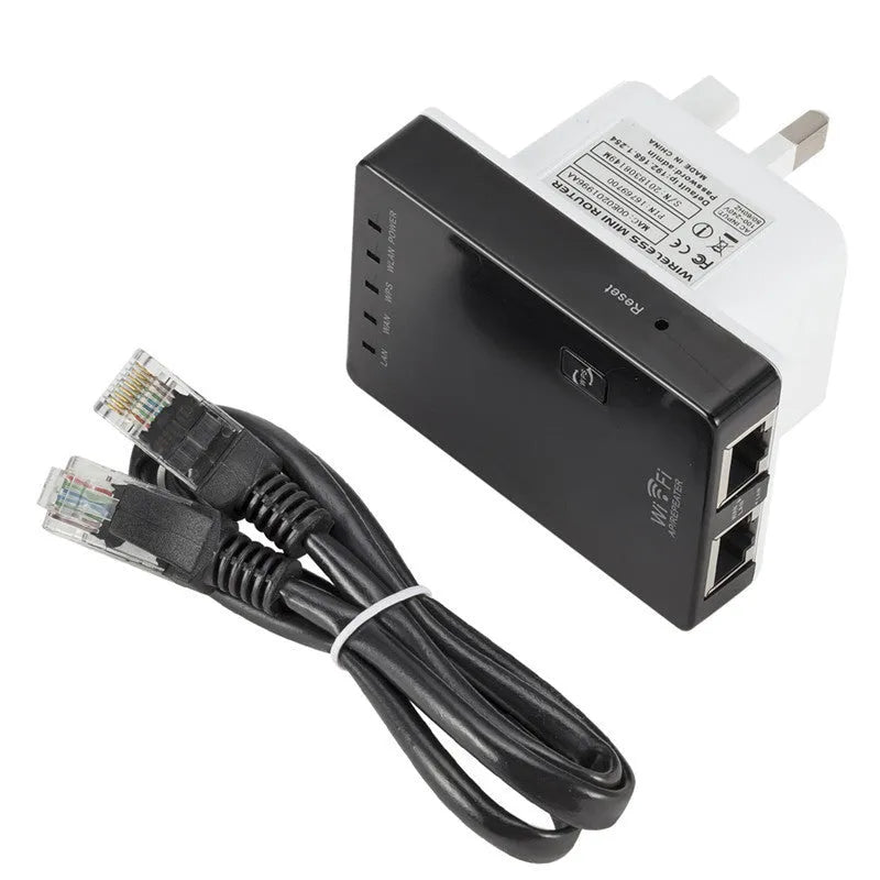 Black 300M wireless signal repeater with dual network ports on a white background