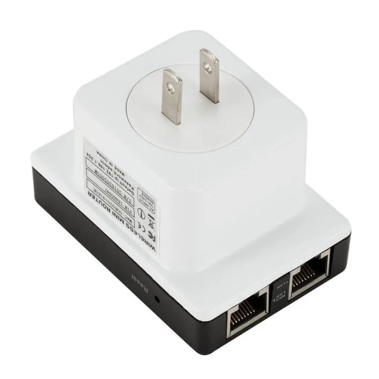 Black 300M wireless signal repeater with dual network ports on a white background