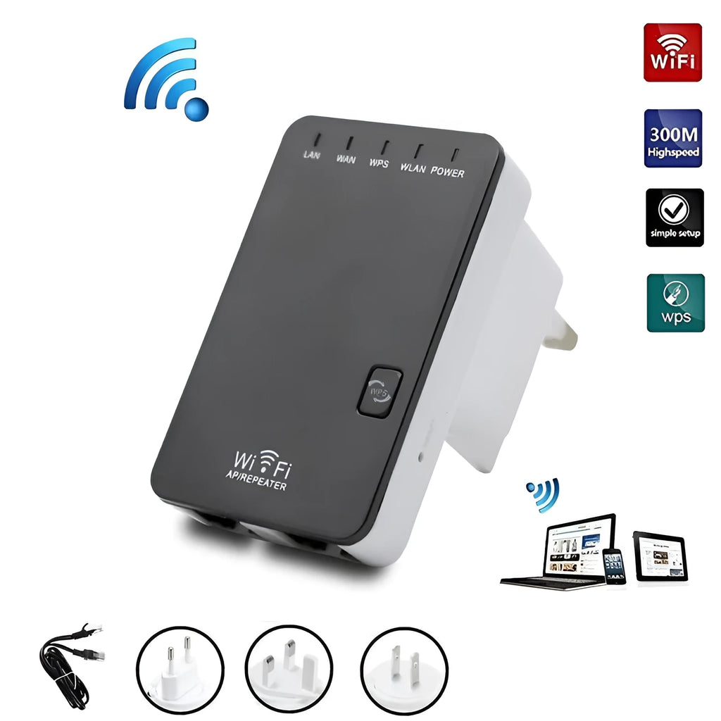 Black 300M wireless signal repeater with dual network ports on a white background