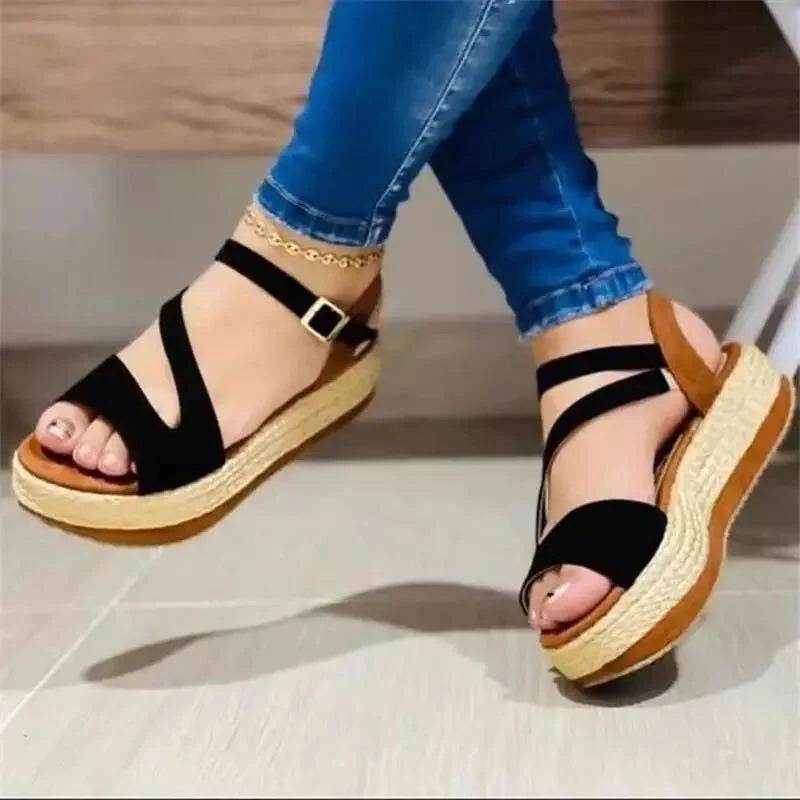 Women's Roman style platform sandals with hollow buckle in blue, black, and white