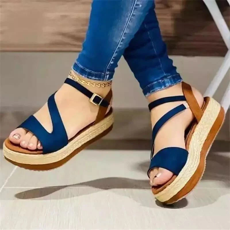 Women's Roman style platform sandals with hollow buckle in blue, black, and white