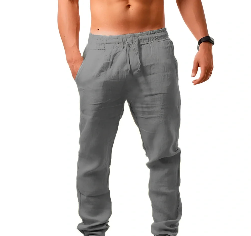 Breathable linen blend loose casual trousers in navy blue, mid-waist with belt, full length for youth leisure, sizes S-XXXL