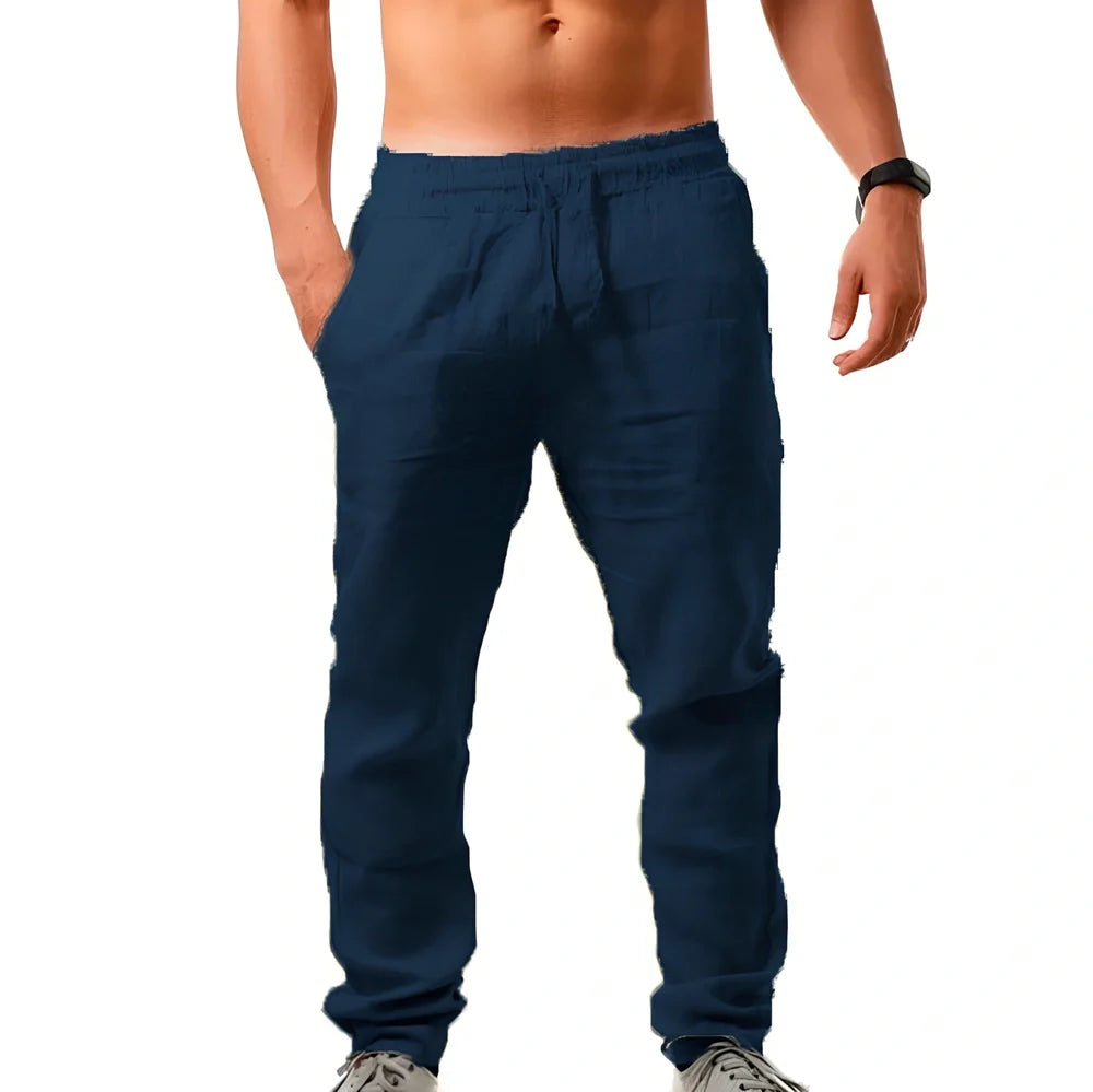 Breathable linen blend loose casual trousers in navy blue, mid-waist with belt, full length for youth leisure, sizes S-XXXL