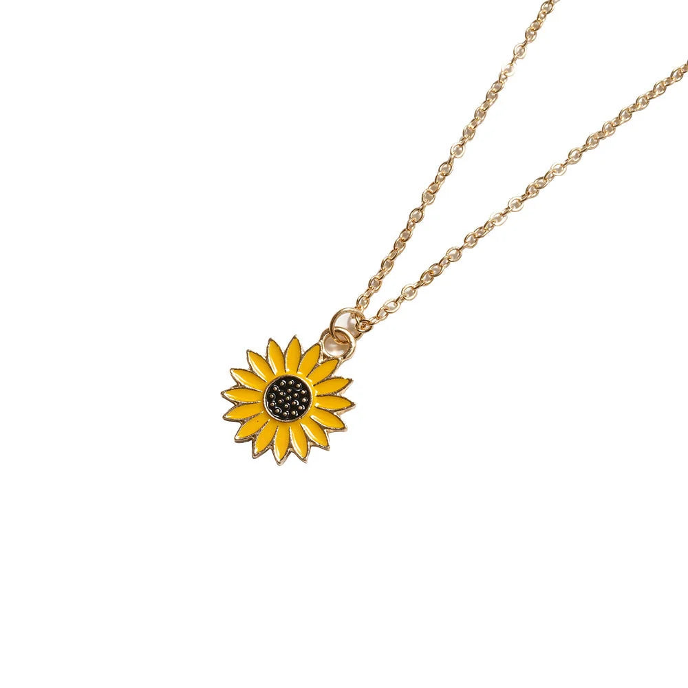 Adjustable sunflower necklace with yellow alloy pendant and electroplated chain