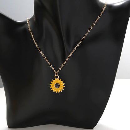 Adjustable sunflower necklace with yellow alloy pendant and electroplated chain