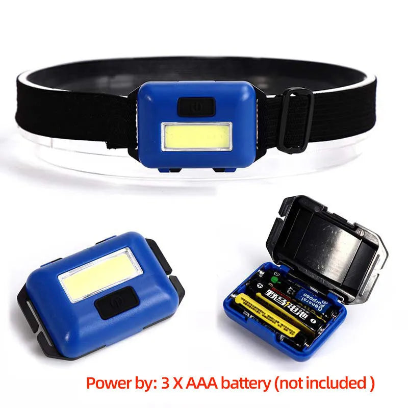 Compact black outdoor LED headlight with head strap, showing three light mode functions.