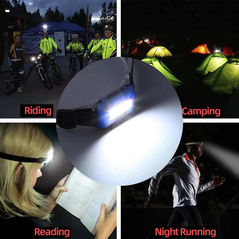 Compact black outdoor LED headlight with head strap, showing three light mode functions.