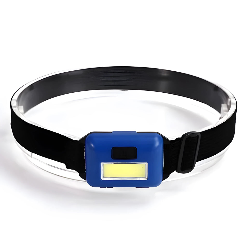 Compact black outdoor LED headlight with head strap, showing three light mode functions.