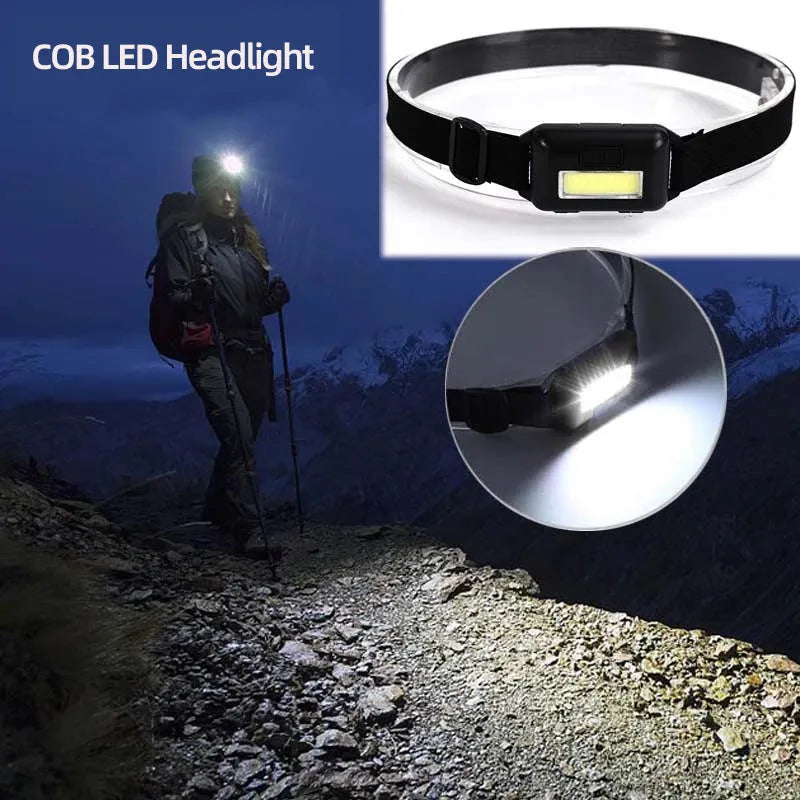 Compact black outdoor LED headlight with head strap, showing three light mode functions.
