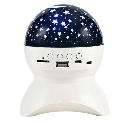 Black Bluetooth audio projector speaker with LED lights, 11x14cm size, 6W output for parties