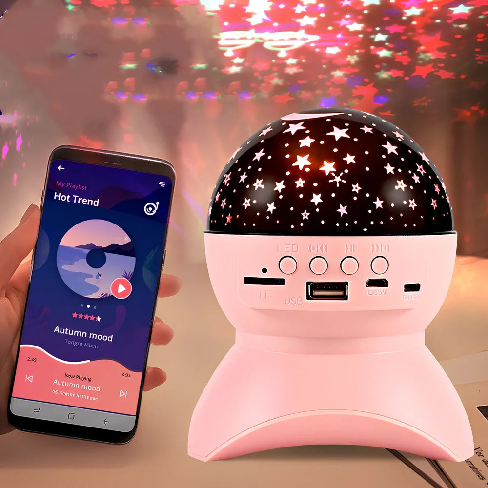 Black Bluetooth audio projector speaker with LED lights, 11x14cm size, 6W output for parties