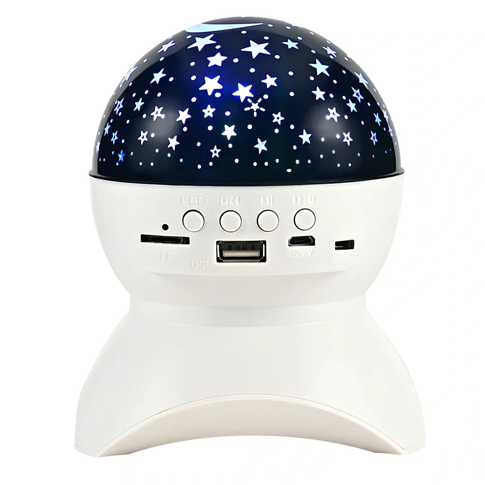 Black Bluetooth audio projector speaker with LED lights, 11x14cm size, 6W output for parties