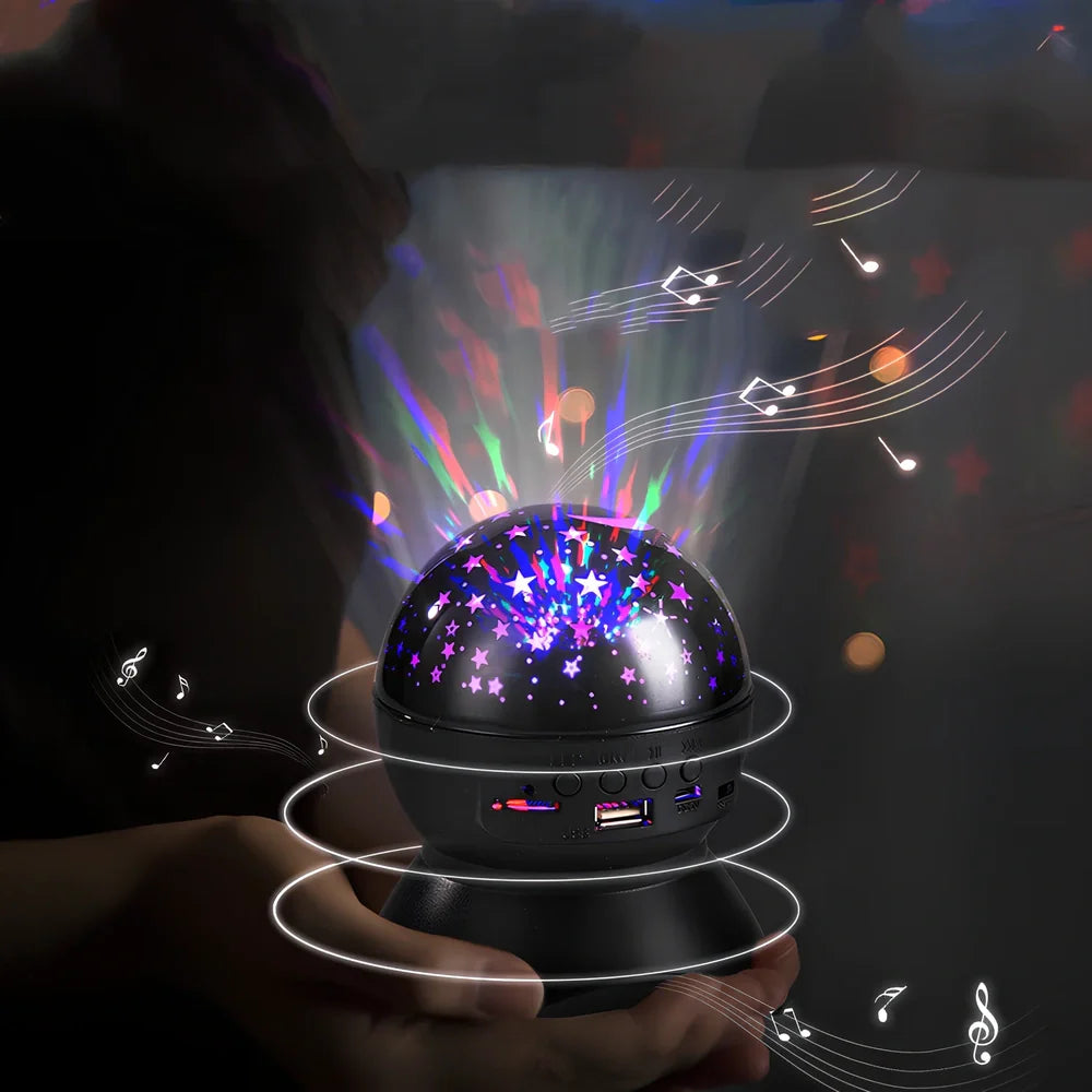 Black Bluetooth audio projector speaker with LED lights, 11x14cm size, 6W output for parties