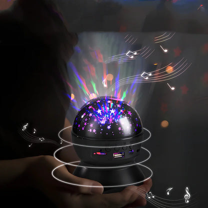 Black Bluetooth audio projector speaker with LED lights, 11x14cm size, 6W output for parties