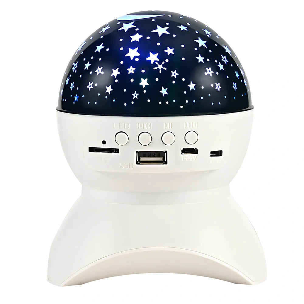 Black Bluetooth audio projector speaker with LED lights, 11x14cm size, 6W output for parties