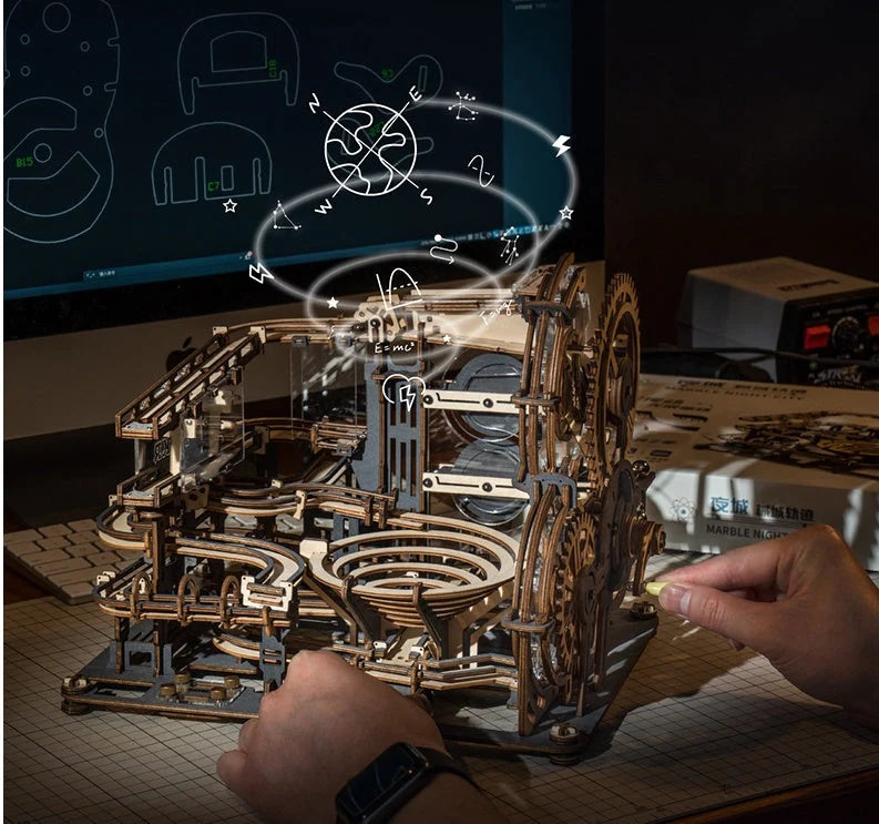 Marble Night City 3D Wooden Puzzle with marble run tracks and waterwheel