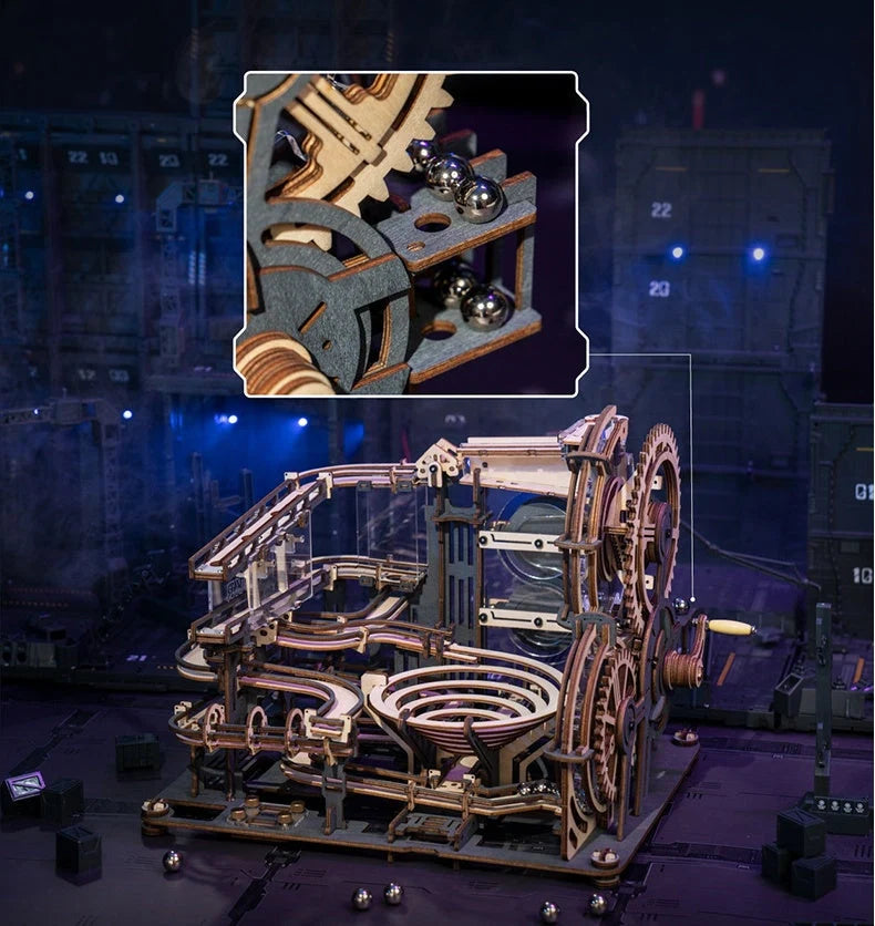 Marble Night City 3D Wooden Puzzle with marble run tracks and waterwheel