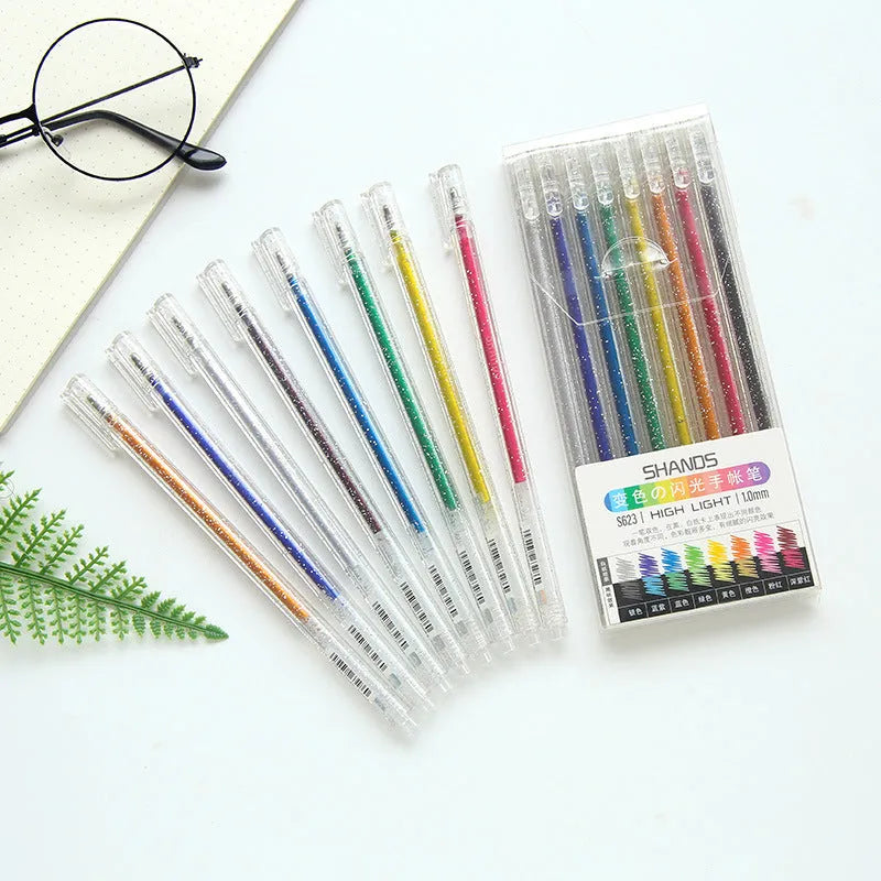 Set of eight Shanzhi 623 colour-changing flashing hand account pens with plastic bodies
