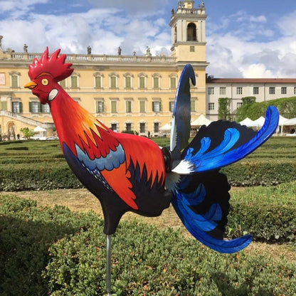 Handmade rooster windmill garden statue with vivid colours, waterproof for outdoor use