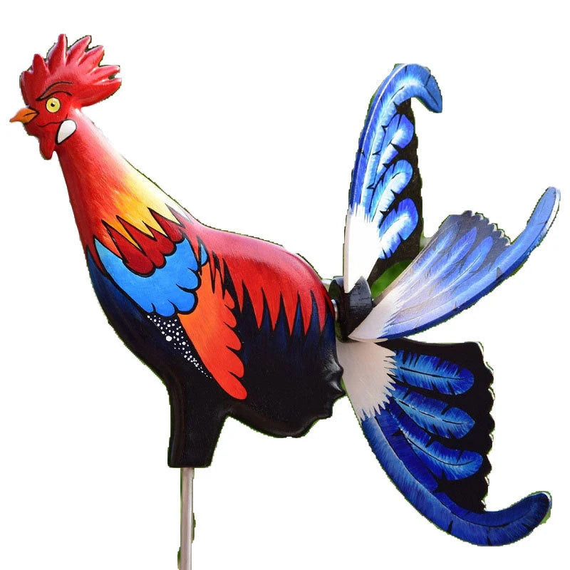 Handmade rooster windmill garden statue with vivid colours, waterproof for outdoor use