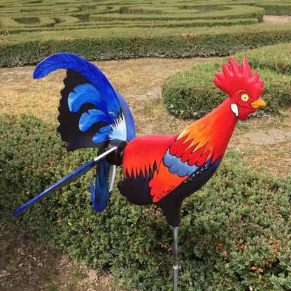 Handmade rooster windmill garden statue with vivid colours, waterproof for outdoor use