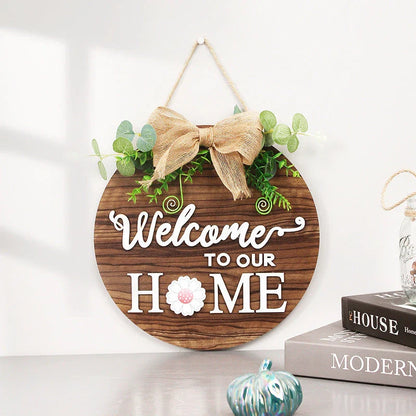 Rustic farmhouse-style seasonal welcome door hanger with interchangeable plaques for year-round decor