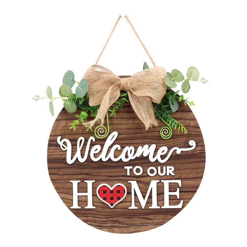 Rustic farmhouse-style seasonal welcome door hanger with interchangeable plaques for year-round decor