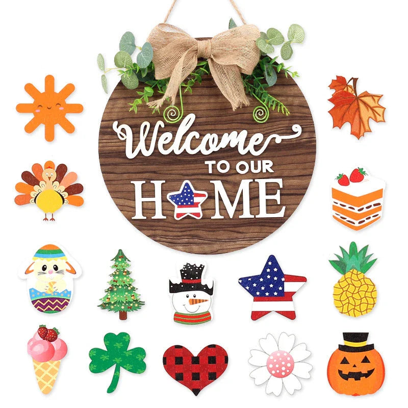 Rustic farmhouse-style seasonal welcome door hanger with interchangeable plaques for year-round decor