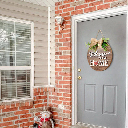 Rustic farmhouse-style seasonal welcome door hanger with interchangeable plaques for year-round decor