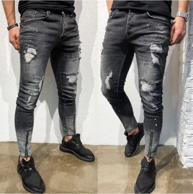 Black ripped youth jeans for men with zipper and elastic cuffs, tapered small leg, size S to 3XL