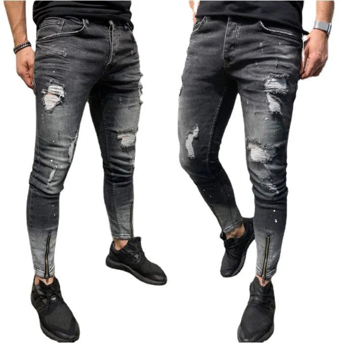 Black ripped youth jeans for men with zipper and elastic cuffs, tapered small leg, size S to 3XL