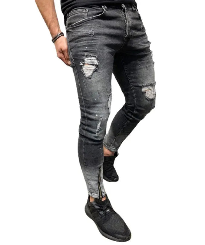 Black ripped youth jeans for men with zipper and elastic cuffs, tapered small leg, size S to 3XL