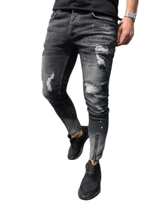 Black ripped youth jeans for men with zipper and elastic cuffs, tapered small leg, size S to 3XL