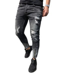 Black ripped youth jeans for men with zipper and elastic cuffs, tapered small leg, size S to 3XL