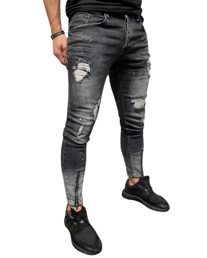Black ripped youth jeans for men with zipper and elastic cuffs, tapered small leg, size S to 3XL