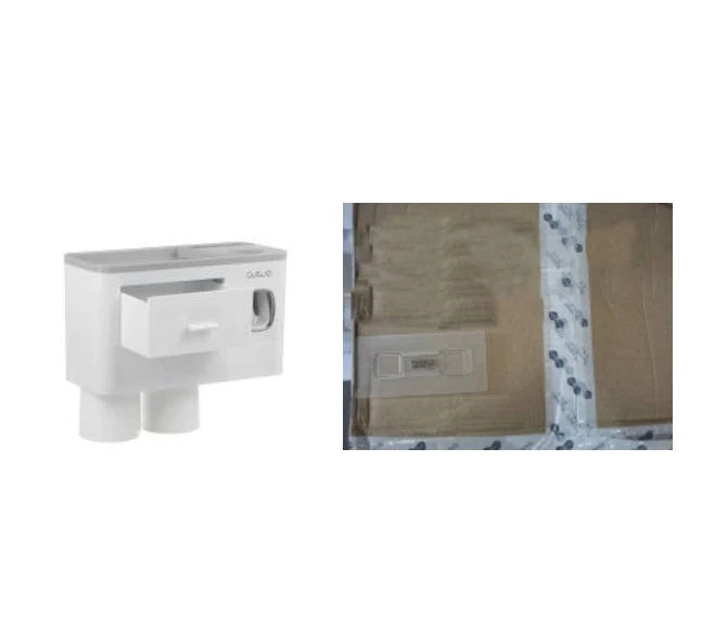 Non-marking hanging magnetic toothbrush holder with toothpaste squeezer in blue and grey