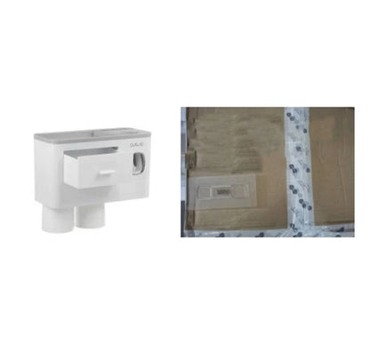 Non-marking hanging magnetic toothbrush holder with toothpaste squeezer in blue and grey