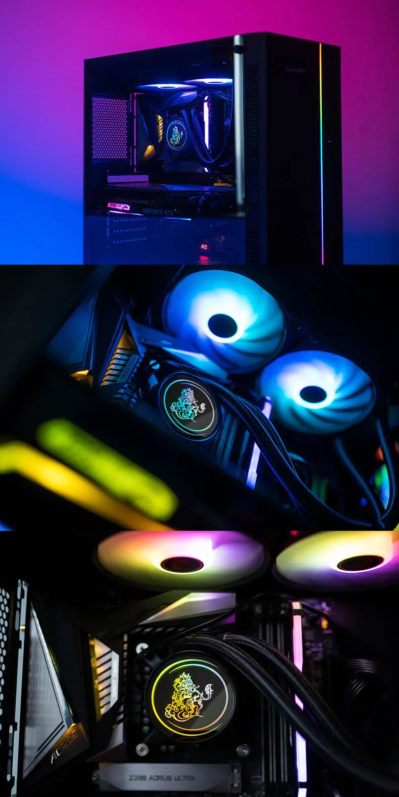 Kirin 240mm CPU water cooling radiator with ARGB fan, copper-aluminum construction, colourful lighting