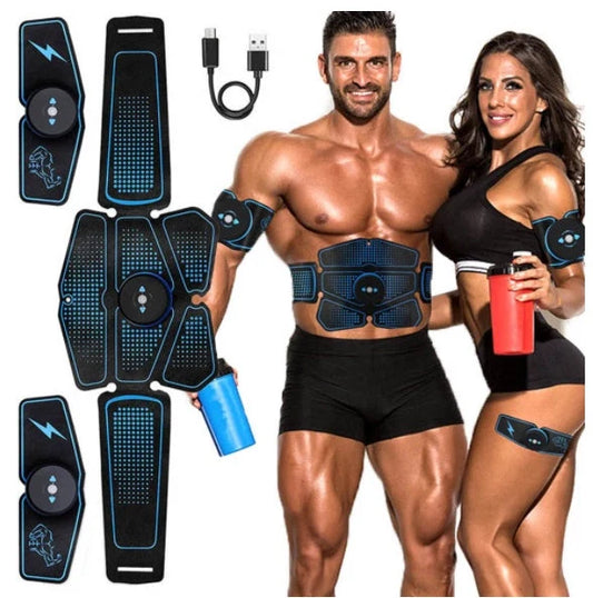 Smart abdominal exercise equipment in black and blue with controllers and accessories