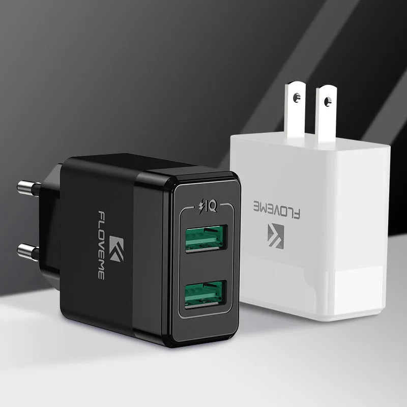 Black and white travel charger with European and American plugs and USB port
