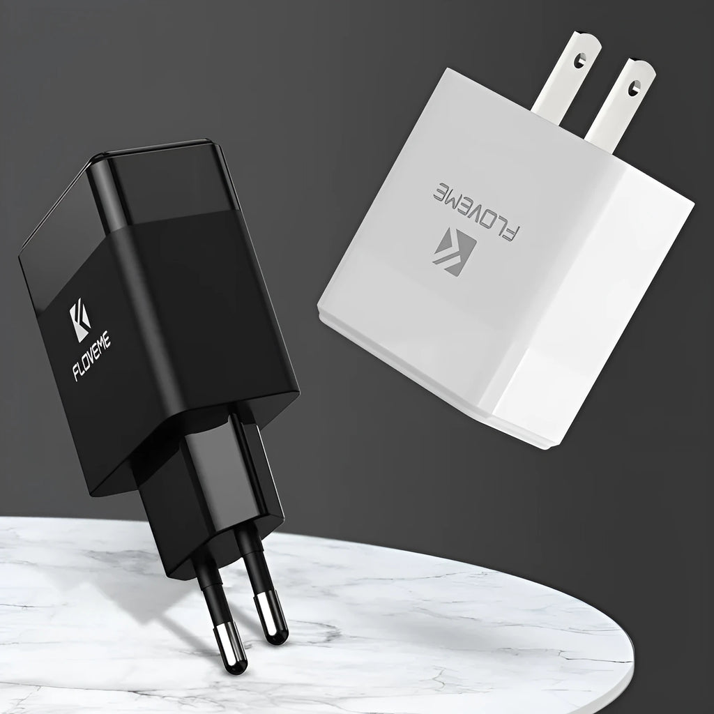 Black and white travel charger with European and American plugs and USB port