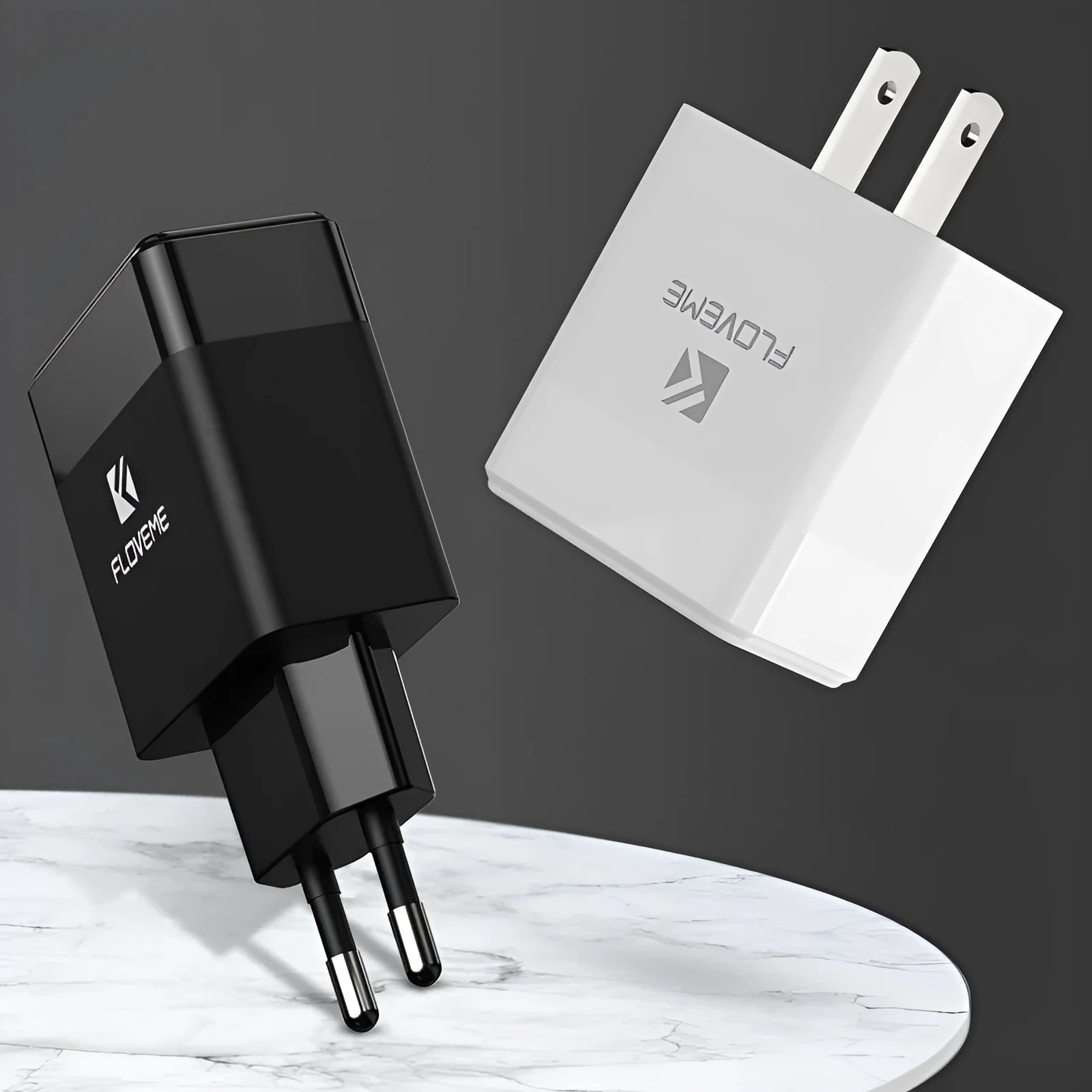 Black and white travel charger with European and American plugs and USB port