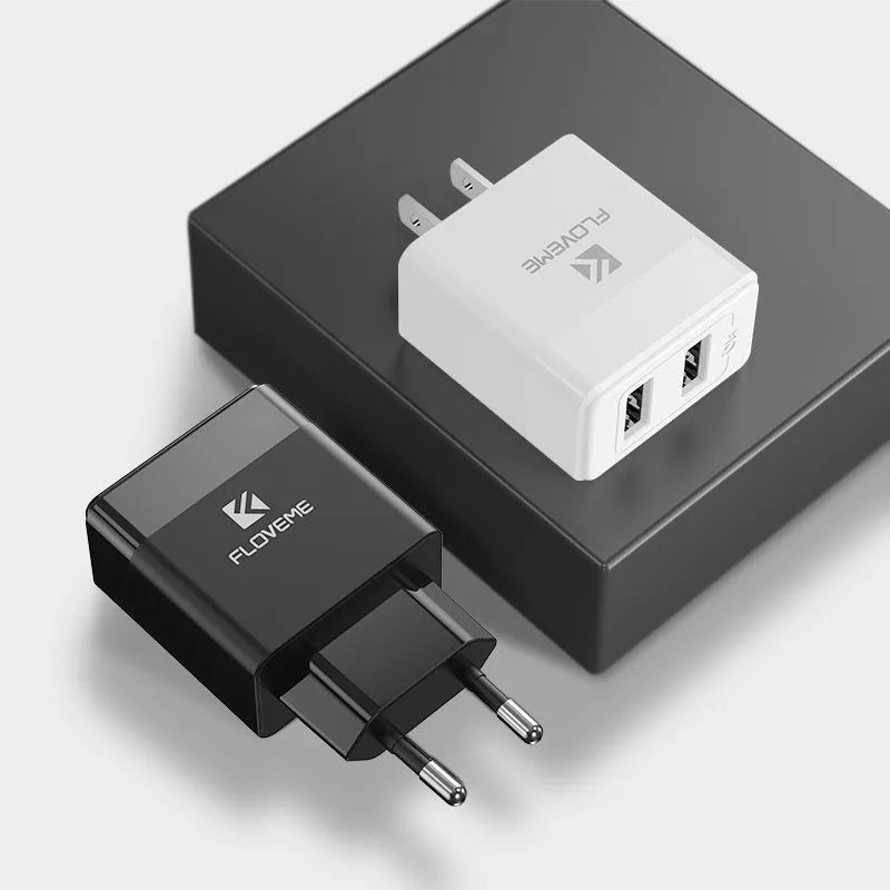Black and white travel charger with European and American plugs and USB port