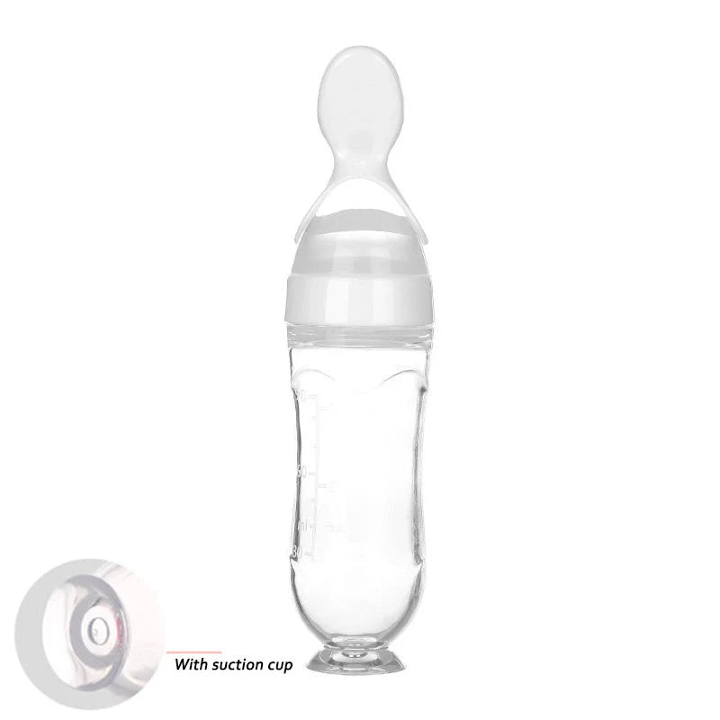 Safe silicone baby feeding spoon bottle in various colors for easy, mess-free toddler feeding
