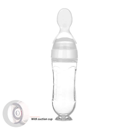 Safe silicone baby feeding spoon bottle in various colors for easy, mess-free toddler feeding