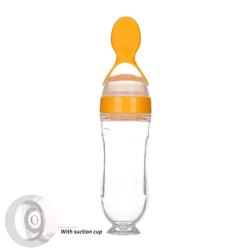 Safe silicone baby feeding spoon bottle in various colors for easy, mess-free toddler feeding