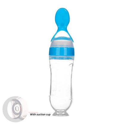 Safe silicone baby feeding spoon bottle in various colors for easy, mess-free toddler feeding