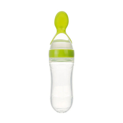 Safe silicone baby feeding spoon bottle in various colors for easy, mess-free toddler feeding