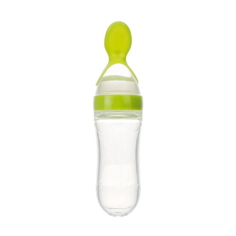 Safe silicone baby feeding spoon bottle in various colors for easy, mess-free toddler feeding